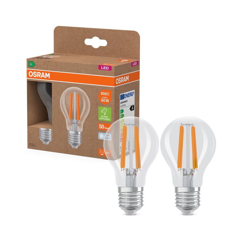 2x účinná LED žárovka čirá E27 3.8W CLASSIC A60, studená bílá