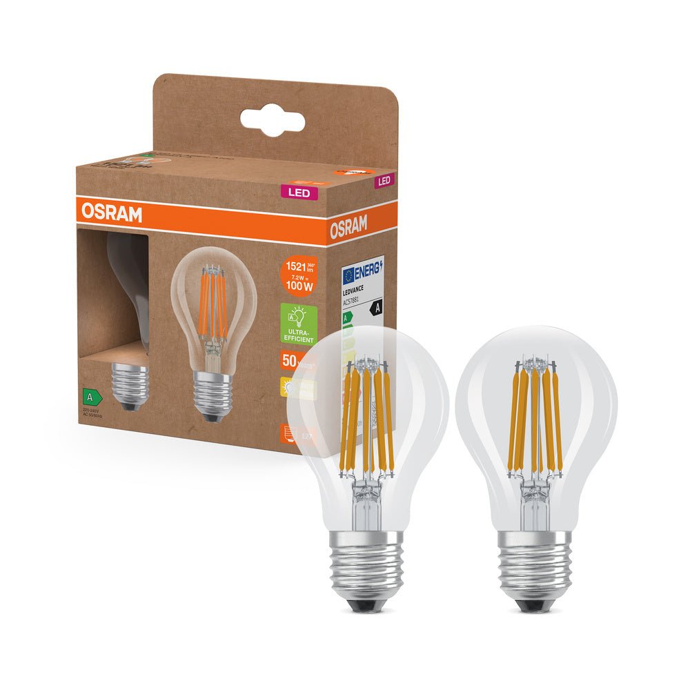 2x účinná LED žárovka čirá E27 7.2W CLASSIC A, teplá bílá