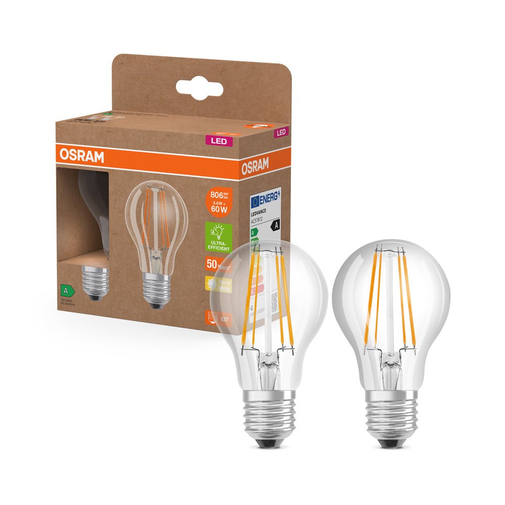 2x ultra účinná LED žárovka čirá E27 3.8W CLASSIC A, teplá bílá