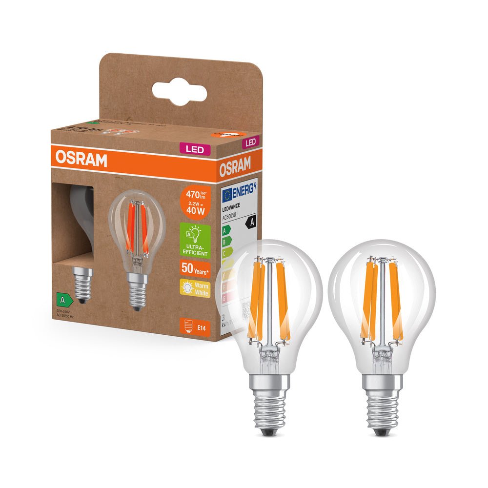 2x ultra účinná LED žárovka E14 2.2W CLASSIC P, teplá bílá