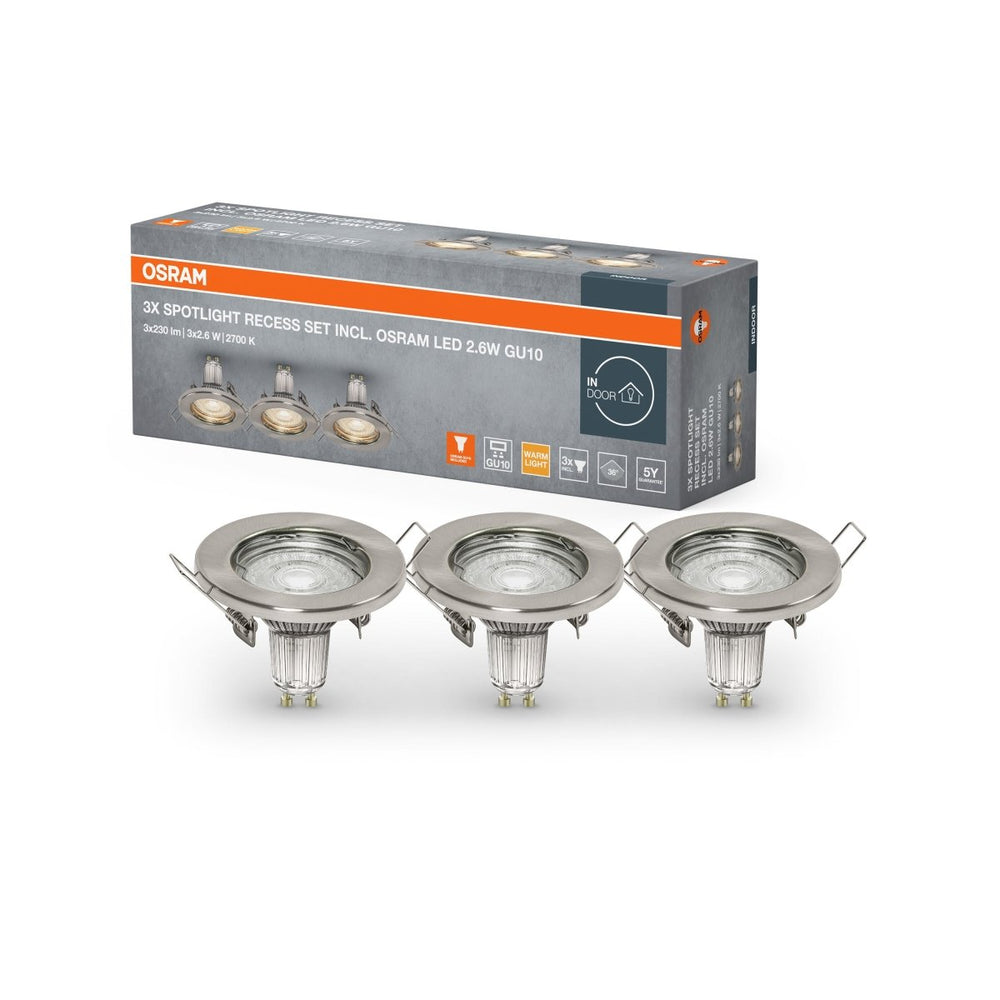 3 ks elegantní mat nikl LED stropní bodovkyU10 2.6W, 2700K OSRAM