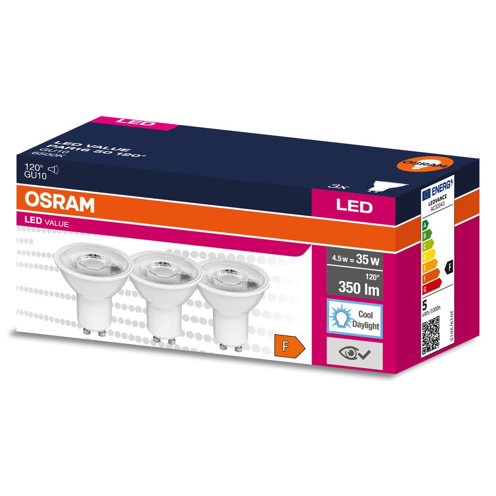 3 ks LED bodovka GU10 4.5 W 120° PAR16, studená denní bílá