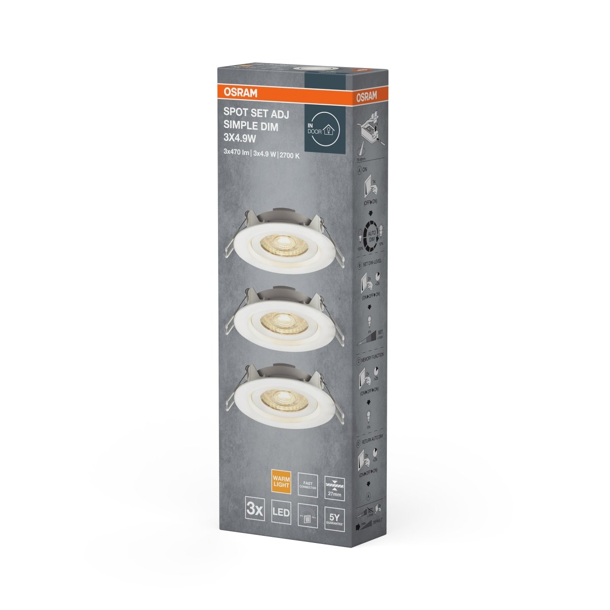4099854445842 - 3 ks stmívatelné LED stropní bodovky 5W bílé, teplá bíla OSRAM - Podhledové svítidlo - LEDVANCE e - shop