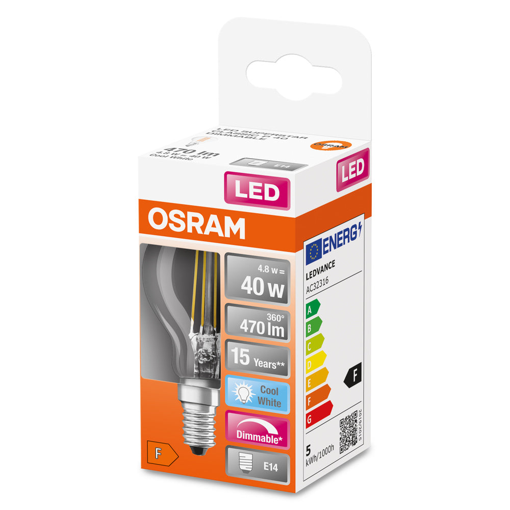 Průhledná LED stmívatelná žárovka E14 4,8 W CLASSIC P, studená bílá