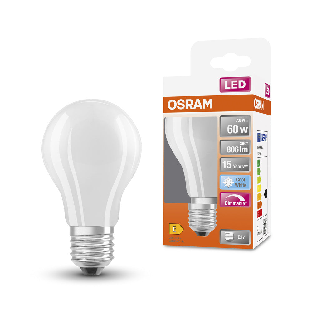 Matná LED stmívatelná žárovka E27 6,5 W CLASSIC A, studená bílá