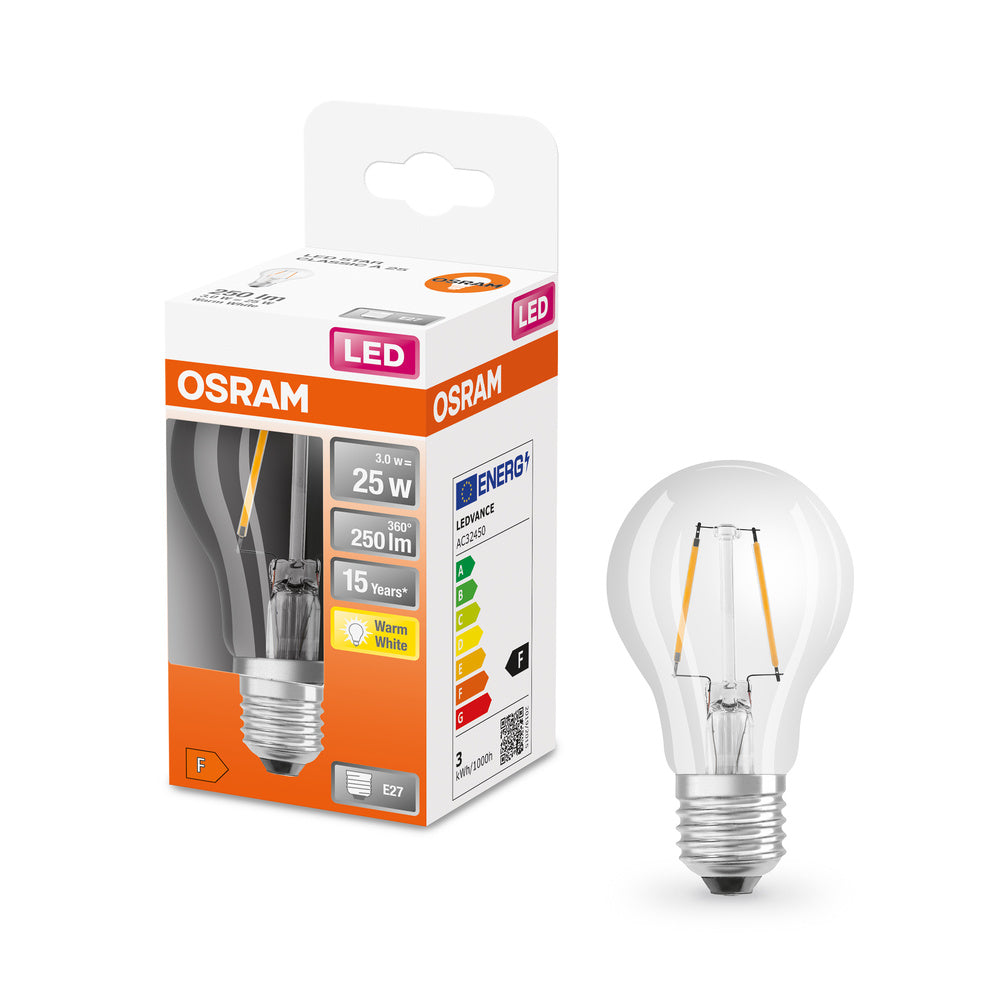 Průhledná LED žárovka E27 2,5 W CLASSIC A, teplá bílá