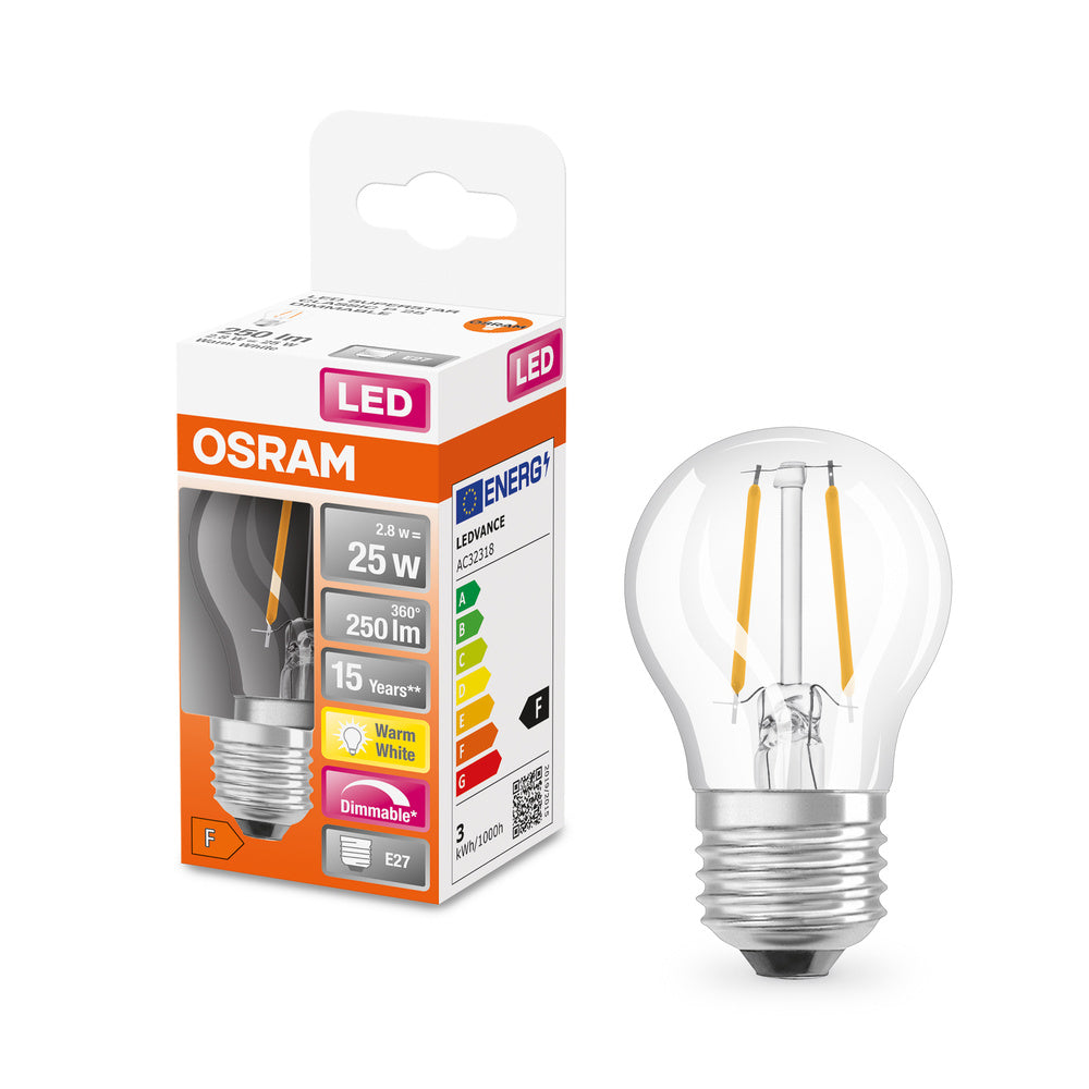 Průhledná LED stmívatelná žárovka E27 2,8 W CLASSIC P, teplá bílá