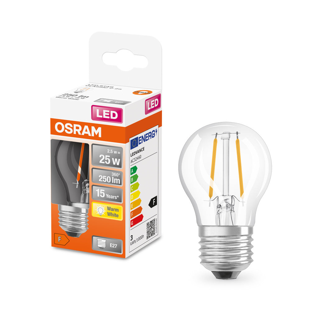 Průhledná mini LED žárovka E27 2,5 W CLASSIC P, teplá bílá