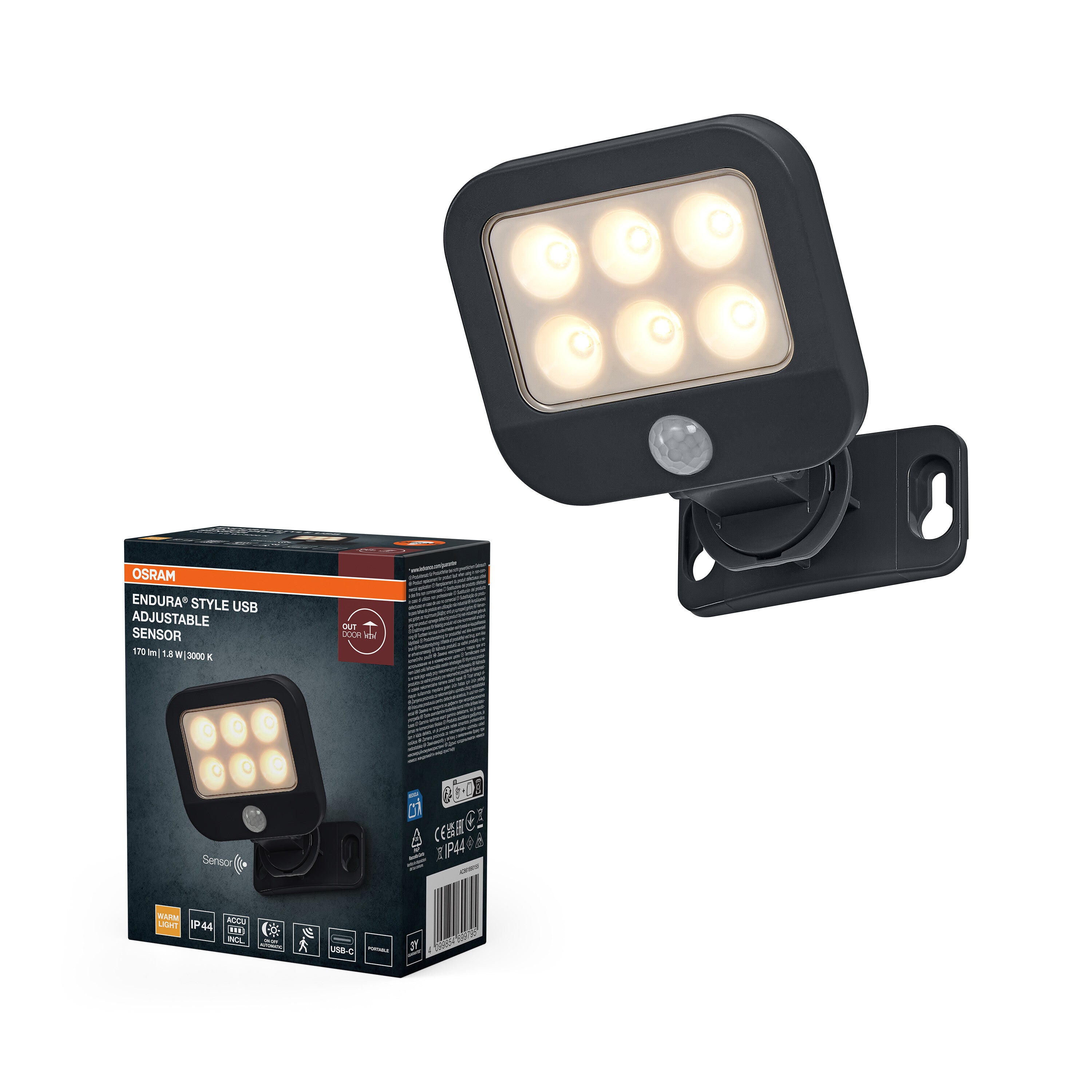 4099854699795 - ENDURA® Style USB nastavitelný nahoru/dolů, šedá, teplá bílá, 90 ° - Venkovní dekorativní svítidlo - LEDVANCE e-shop