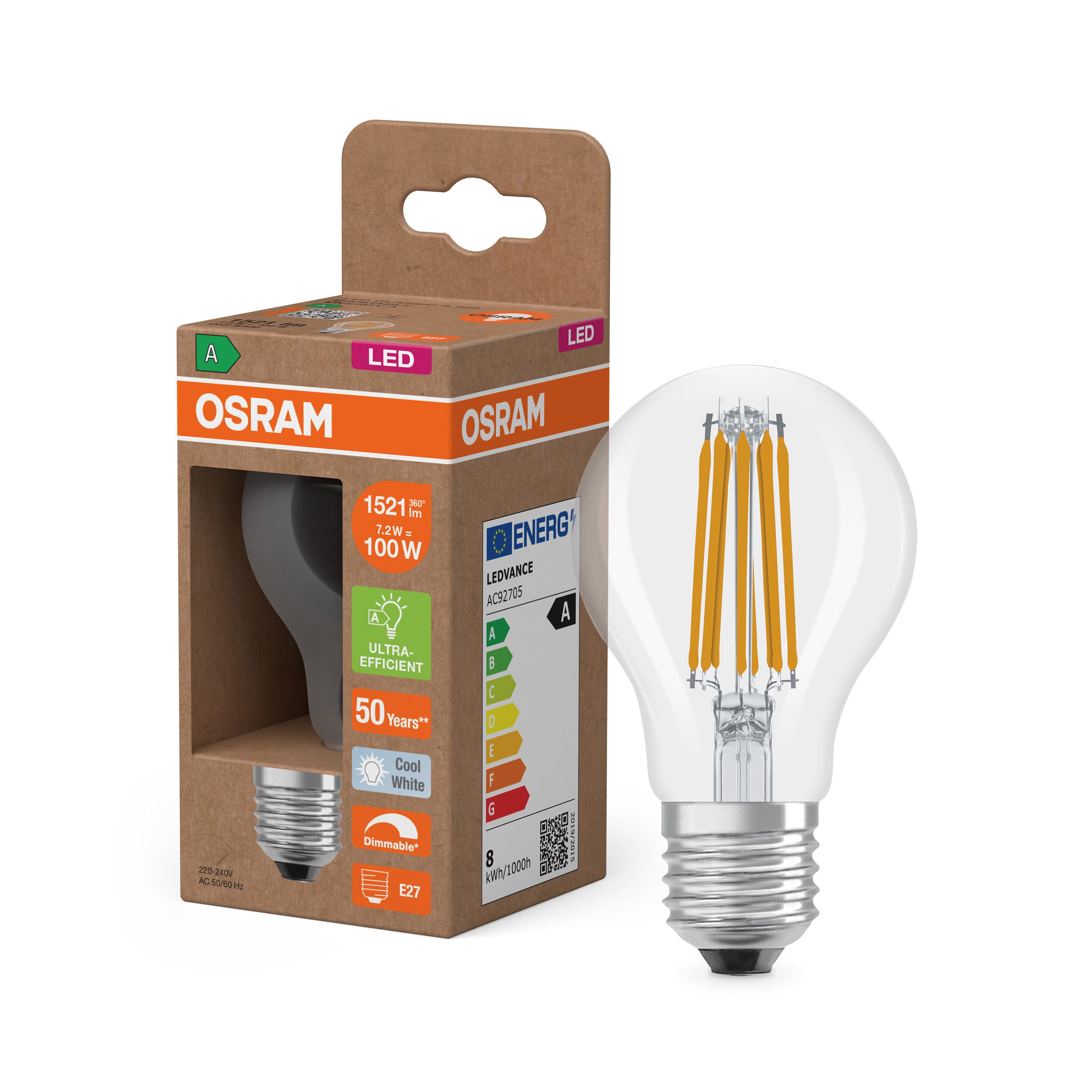 4099854759369 - Průhledná LED žárovka E27 7,2 W CLASSIC A, studená bílá - Žárovka - LEDVANCE e-shop