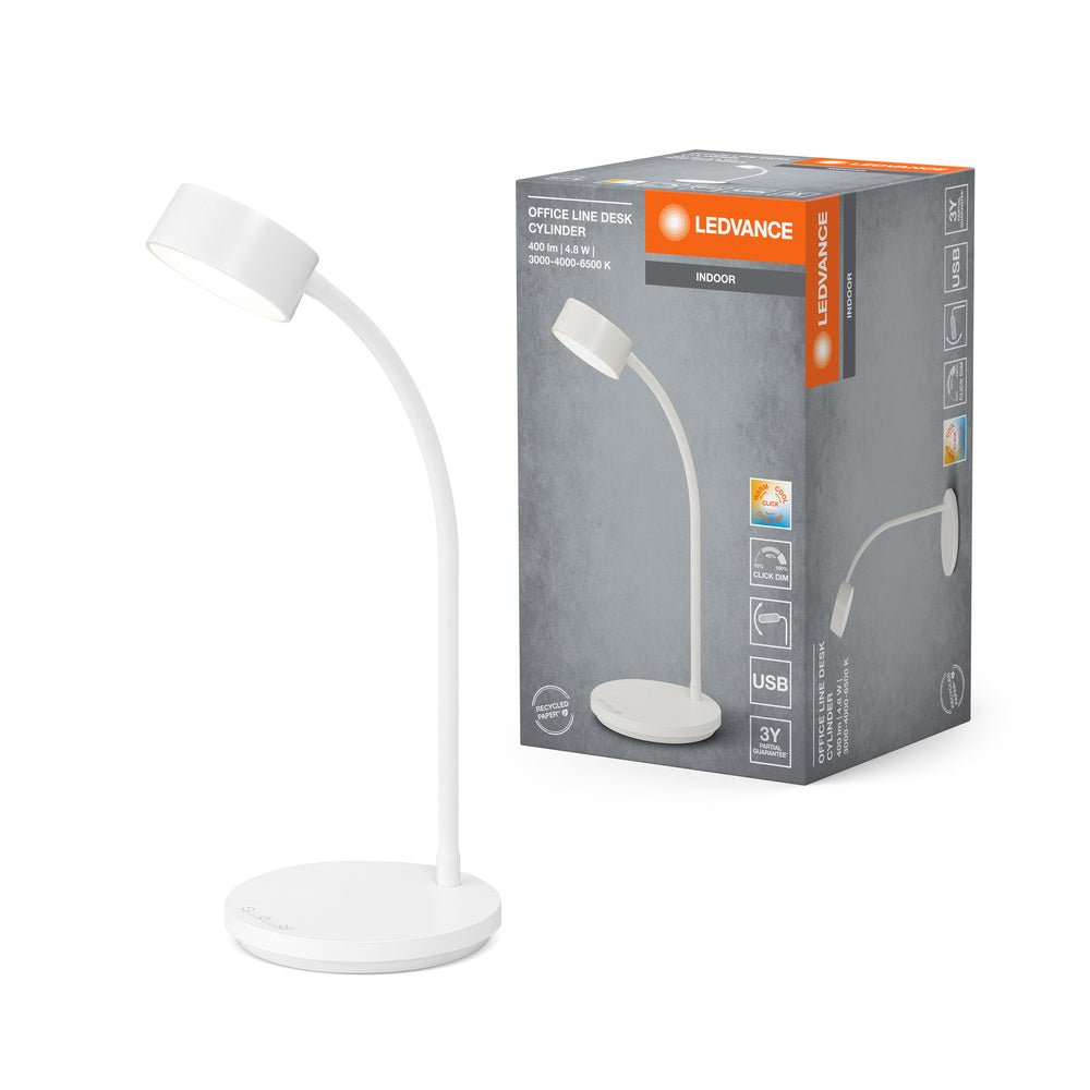 Bílá stolní lampa USB 4.8W OFFICE CYLINDER, laditelná bílá