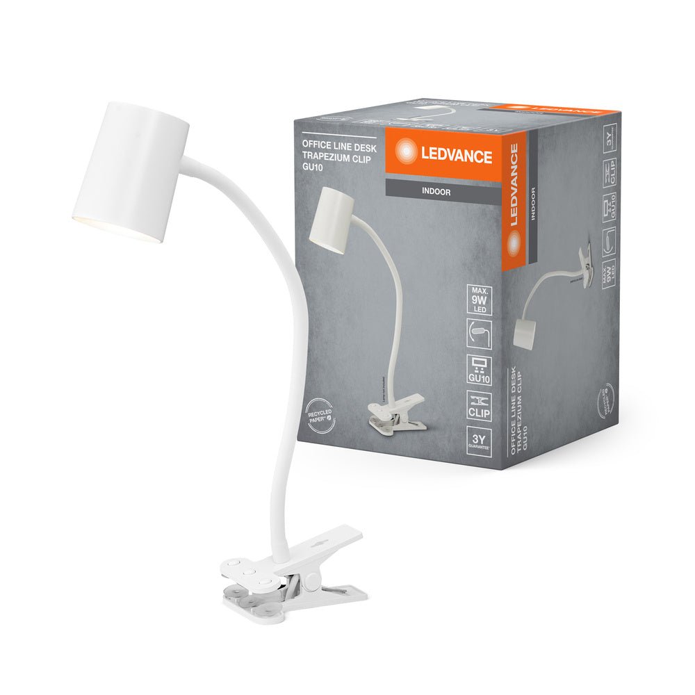 Bílá stolní lampa s klipem GU10 9W OFFICE DESK TRAPEZIUM