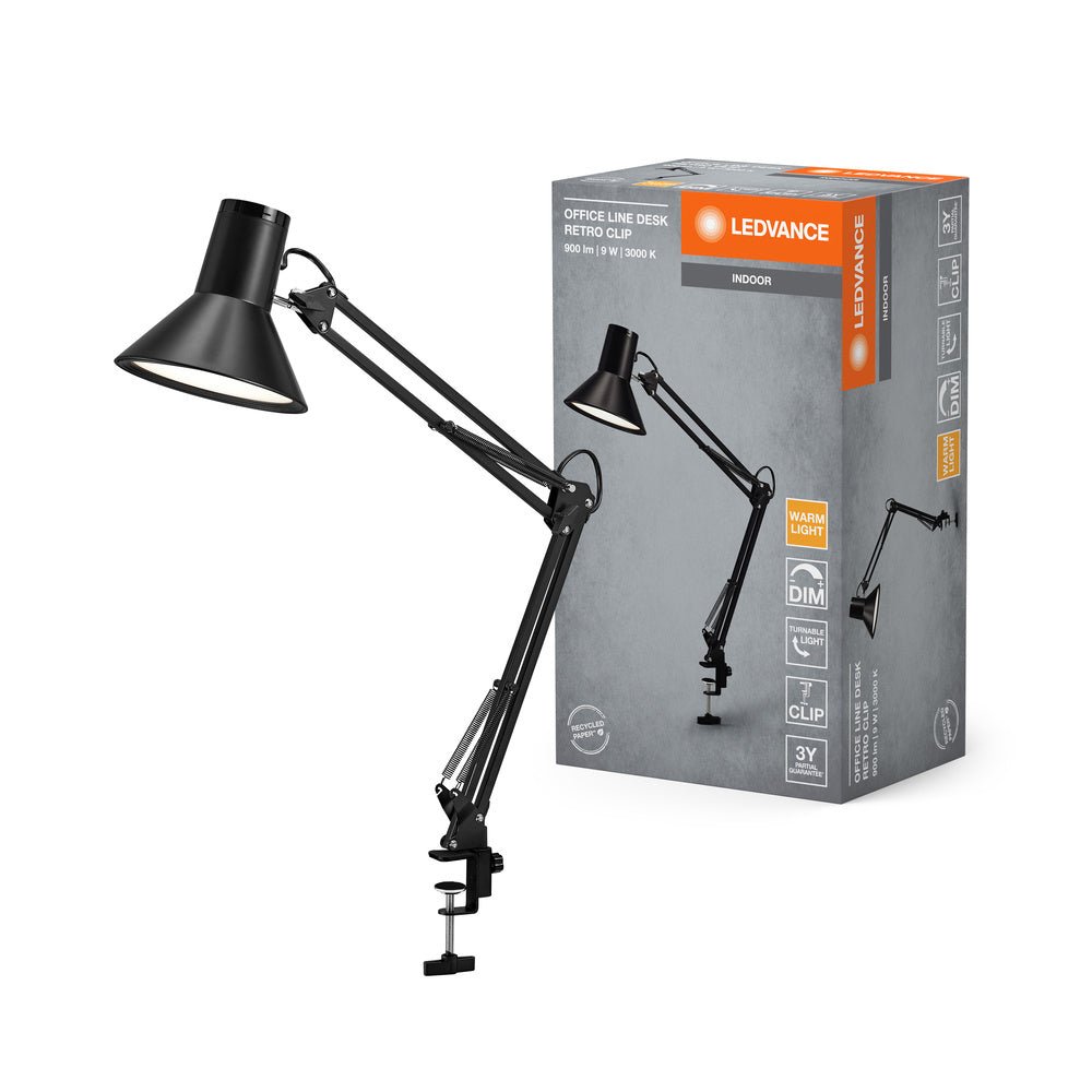 Černá stolní lampa stmívatelná 9W RETRO CLIP, teplá bílá