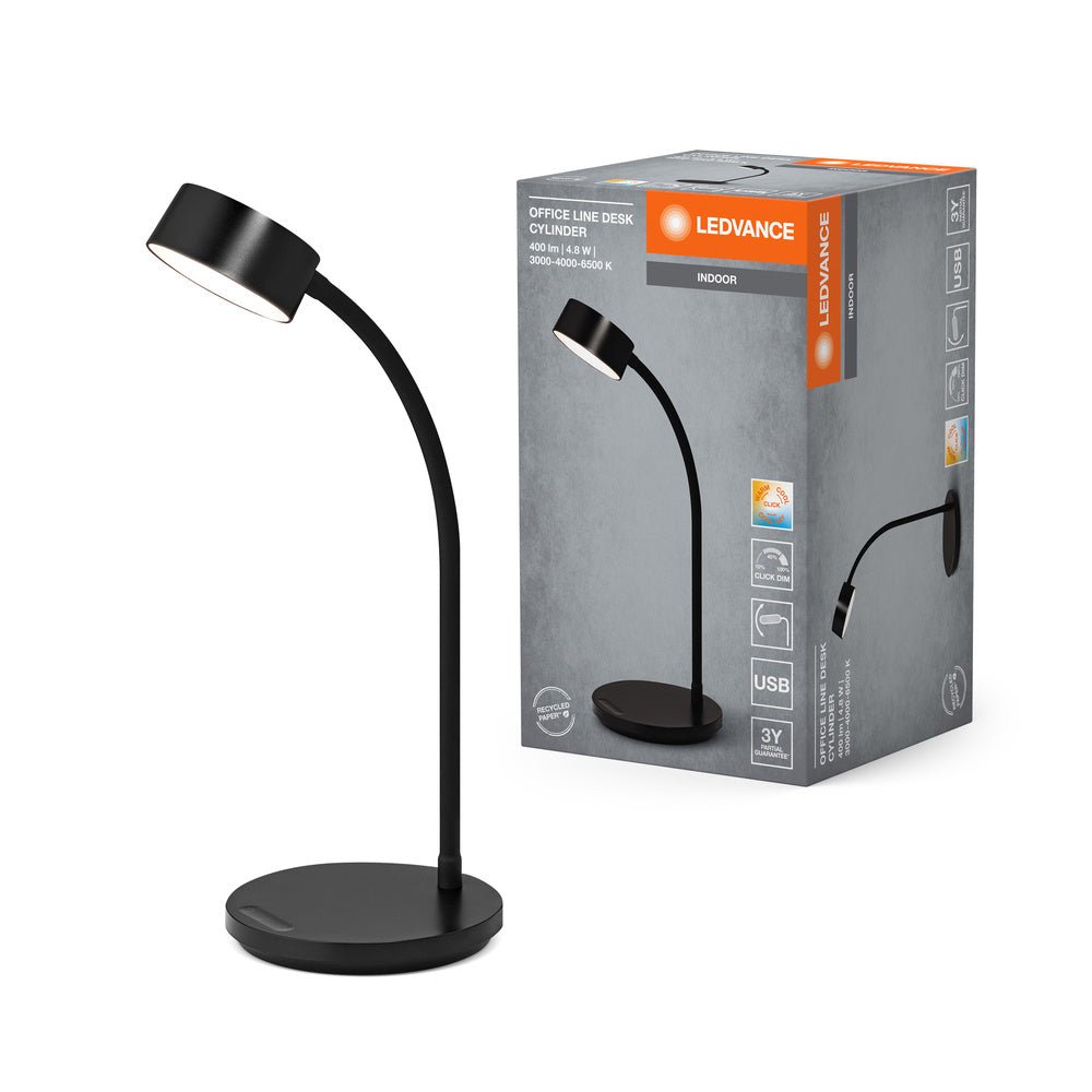 Černá stolní lampa USB 4.8W OFFICE CYLINDER, laditelná bílá