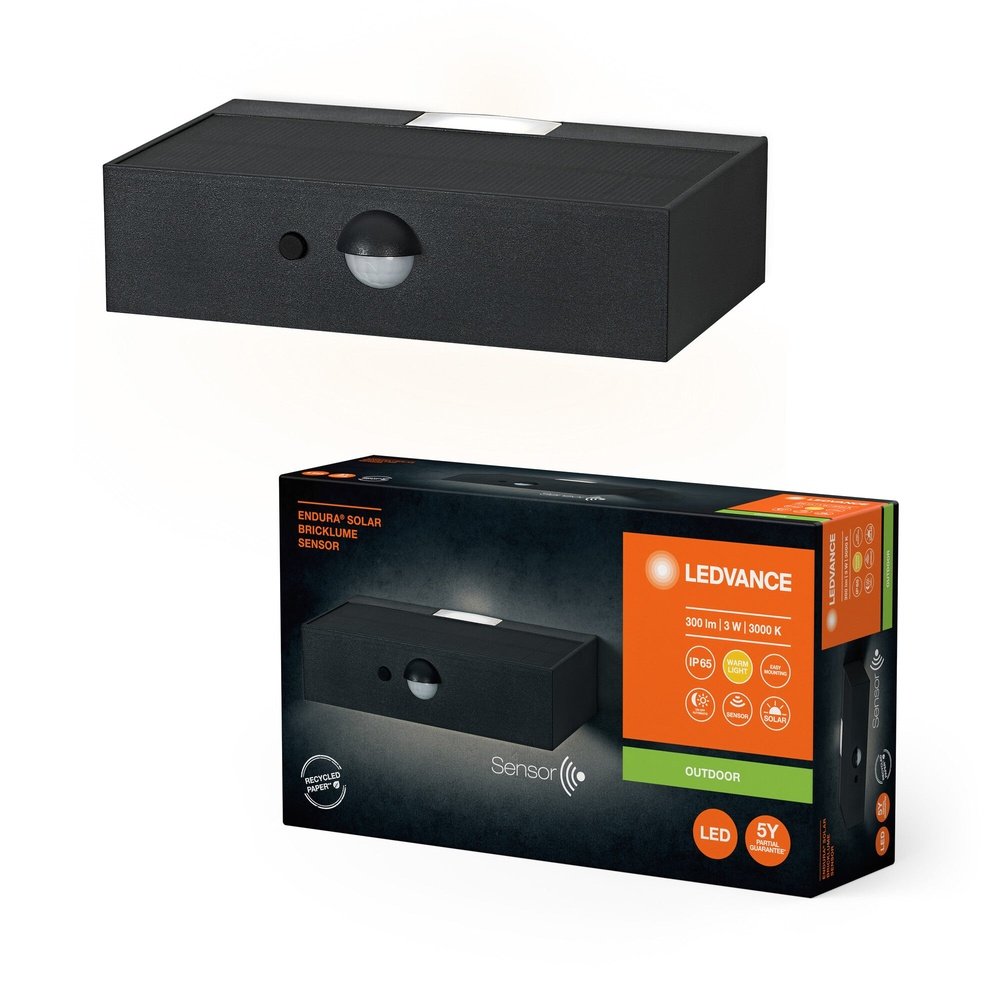 Černé LED solární nástěnné světlo + senzor 3 W ENDURA, teplá bílá