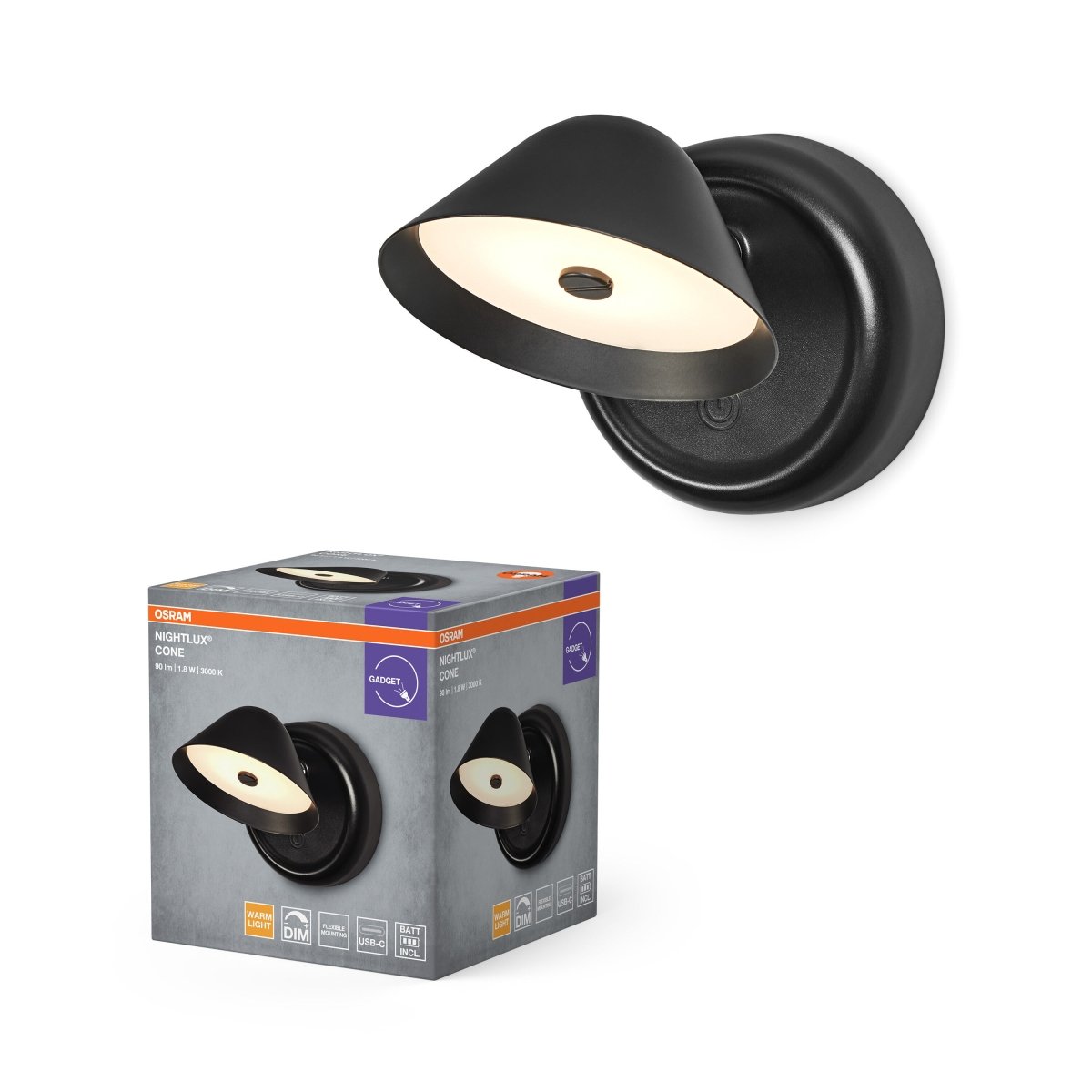 4099854478789 - Černé Svítidlo Nightlux Cone, Teplá Bílá stmívatelné USB - Nástěnné svítidlo - Czechia LEDVANCE e - shop