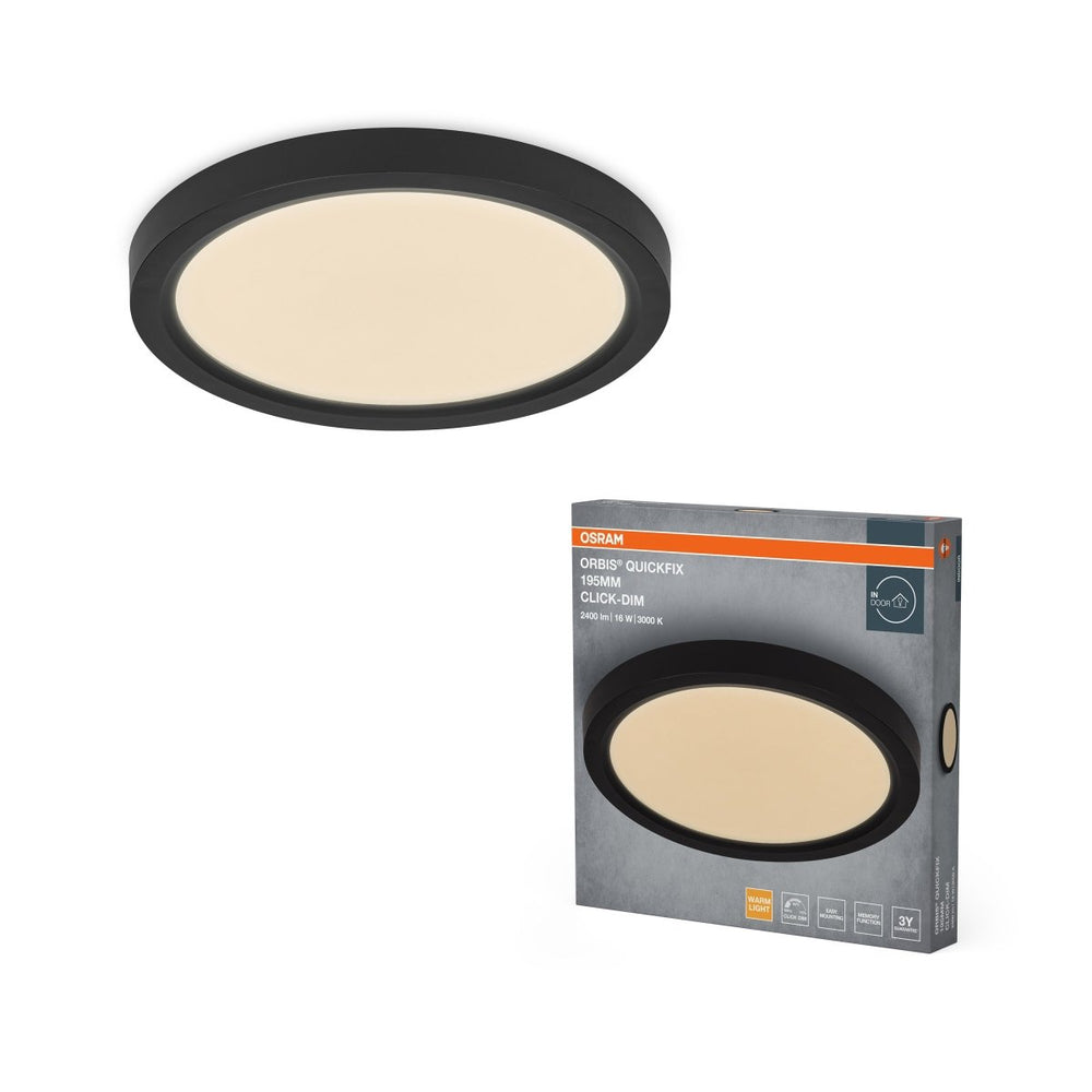 Černý LED Panel ORBIS 195mm 16W Click Stmívatelný, Teplá Bílá