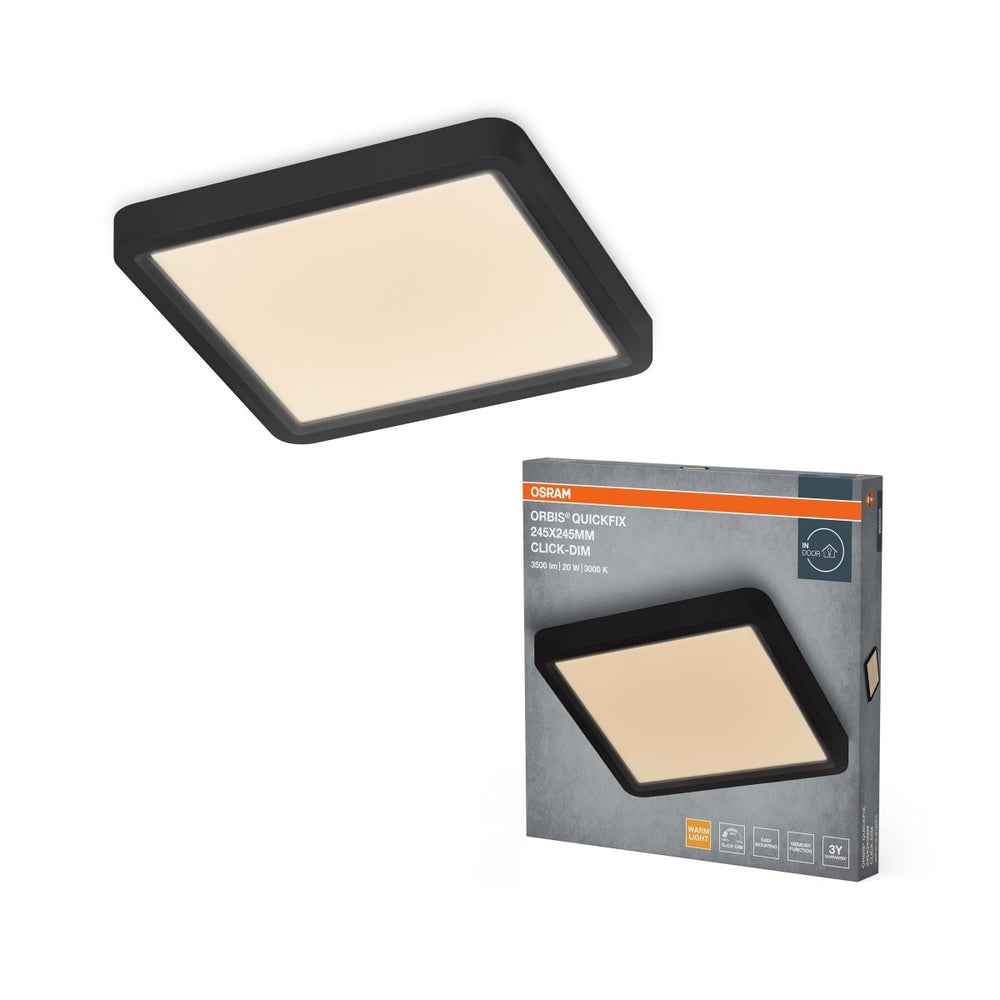 Černý LED Panel ORBIS 245x245mm 20W Click Stmívatelný, Teplá Bílá