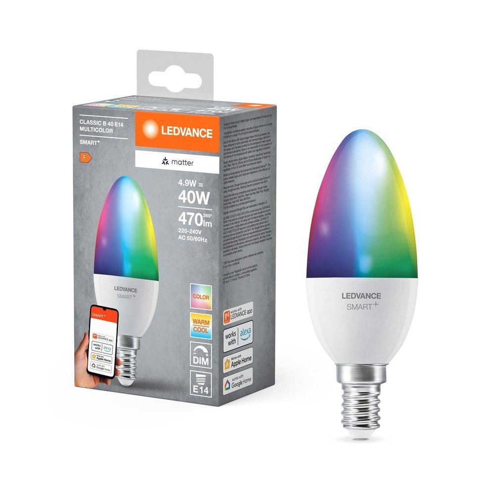 Chytrá Matter RGBTW žárovka stmívatelná E14 4.9 W CLASSIC B