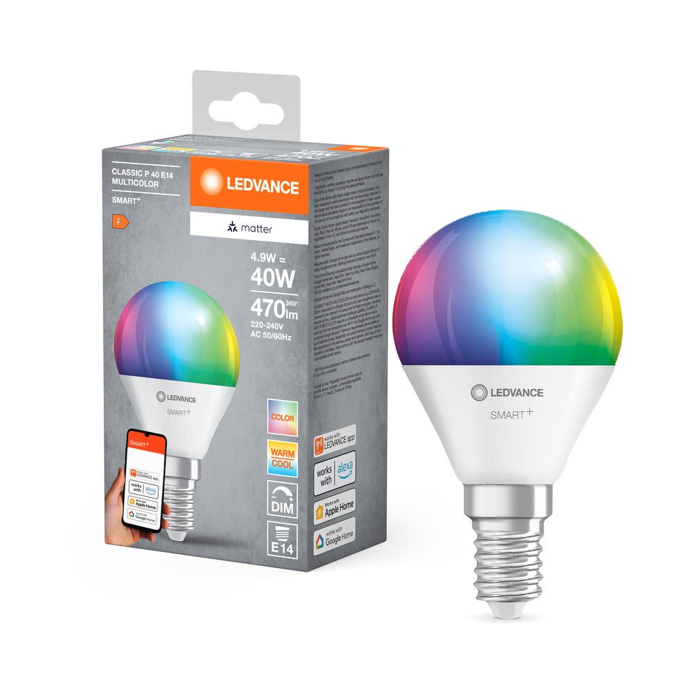 Chytrá stmívatelná Matter RGBW LED žárovka E14 CLASSIC P