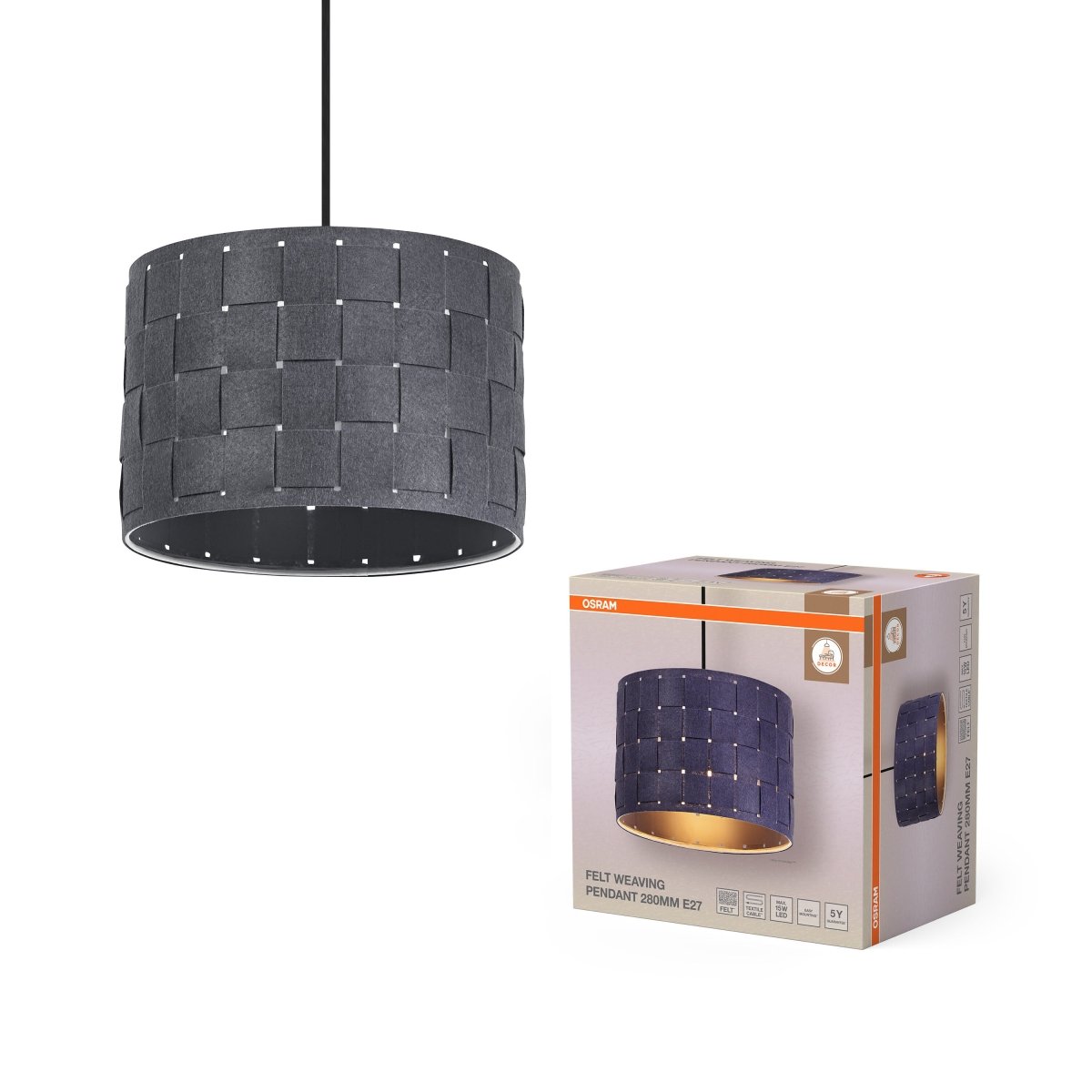 4099854459344 - Dekorativní závěsné svítidlo z plsti s tkaným designem, Ø280 mm, E27, tmavě šedé - Závěsné - LEDVANCE e - shop