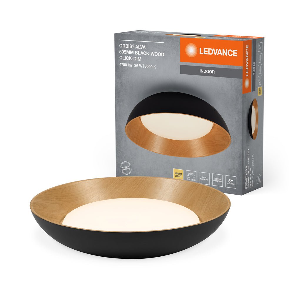 LED stropní svítidlo černá + dřevo 505 mm ORBIS, teplá bílá