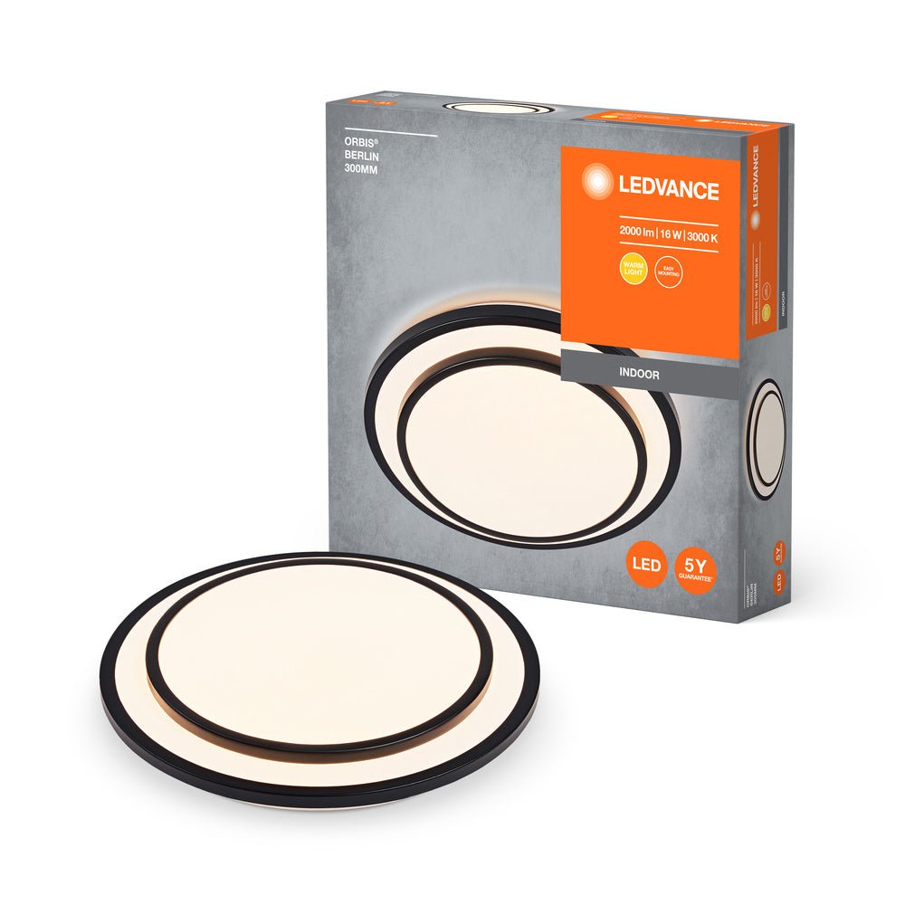 LED stropní svítidlo černé 16 W BERLIN 300 mm, teplá bílá