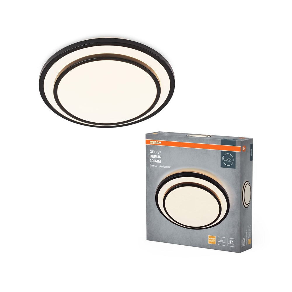 LED stropní svítidlo černé 16 W BERLIN 300 mm, teplá bílá OSRAM