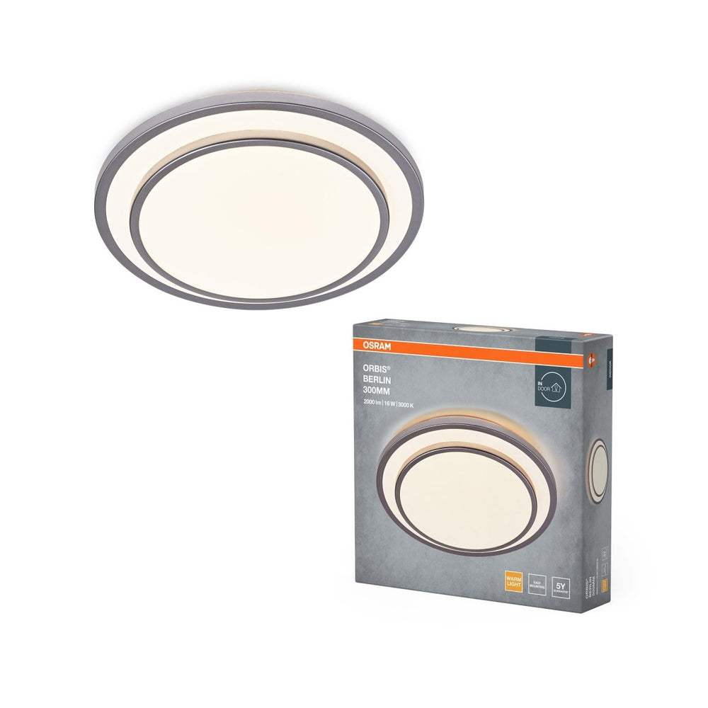 LED stropní svítidlo stříbrné 16 W BERLIN 300 mm, teplá bílá OSRAM