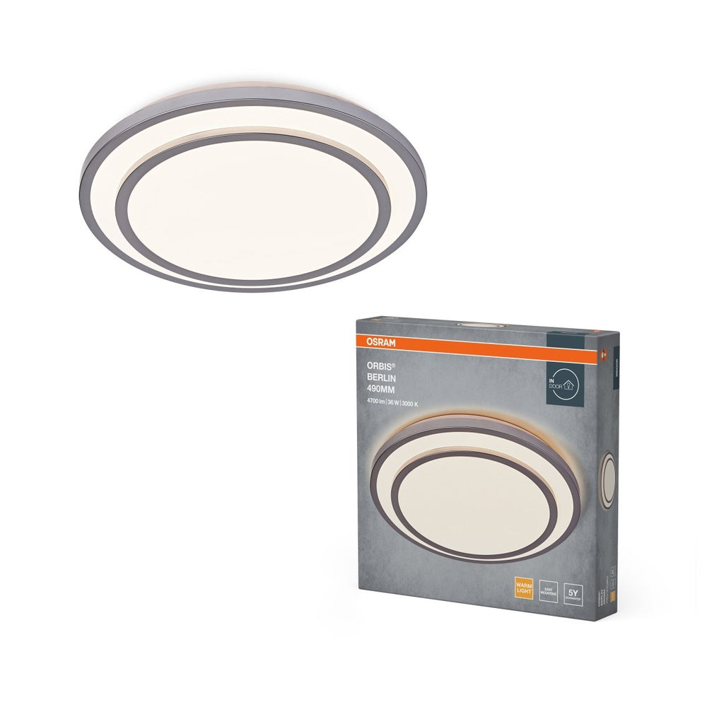 LED stropní svítidlo stříbrné 36 W BERLIN 490 mm, teplá bílá OSRAM