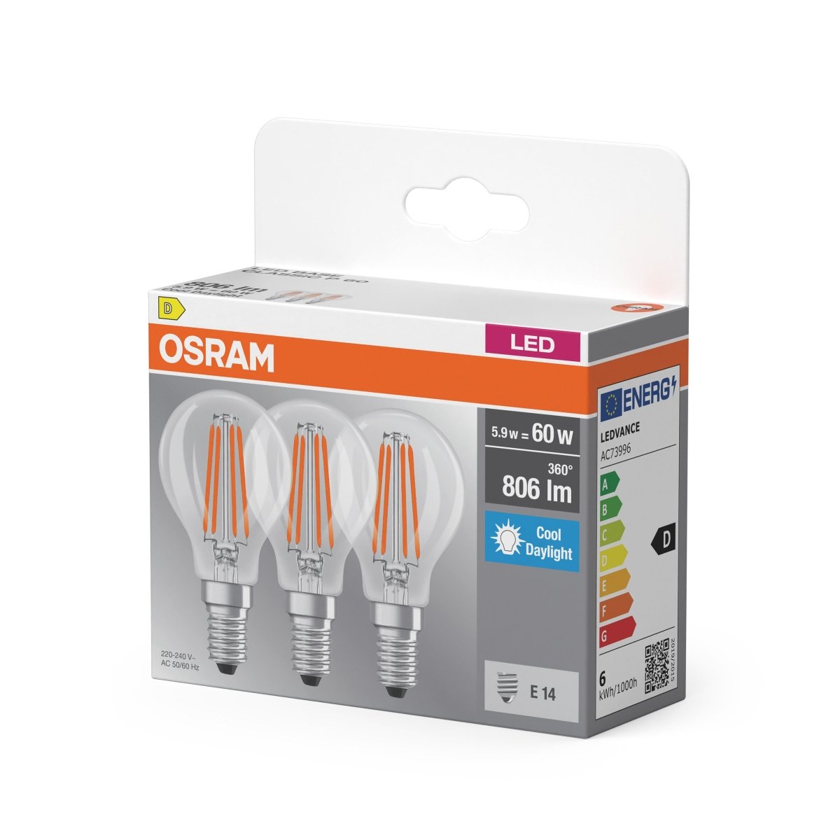 4099854514456 - LED žárovka Base Classic P 60 Filament, 5.9W, Studená bílá, Čirá, E14 - Czechia LEDVANCE e - shop
