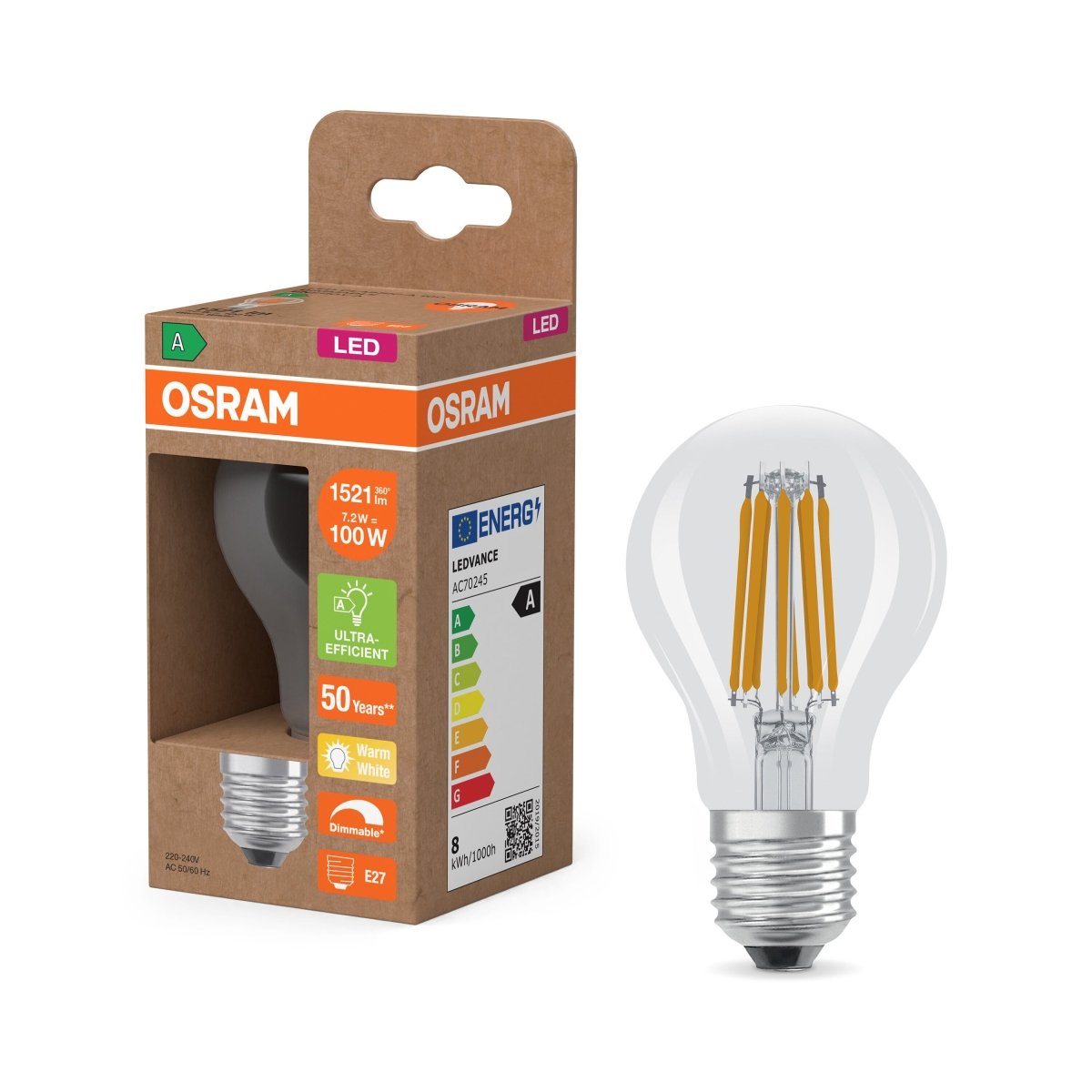 4099854478215 - LED žárovka Classic A 100 Filament DIM, Třída A, 7.2W, Teplá bílá, Čirá, E27 - Czechia LEDVANCE e - shop