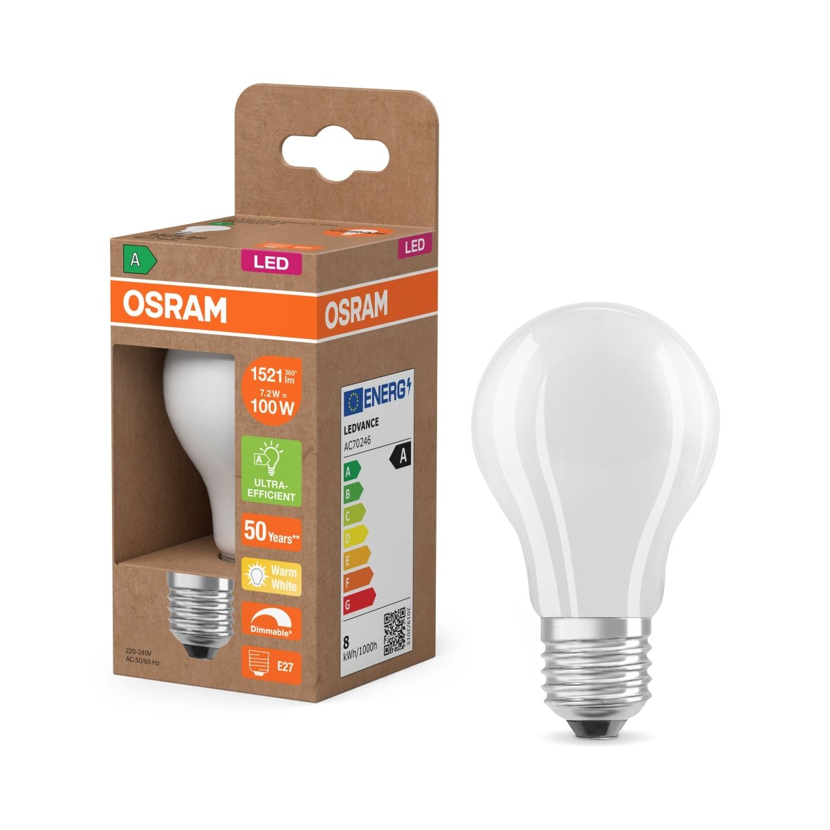 4099854478031 - LED žárovka Classic A 100 Filament DIM, Třída A, 7.2W, Teplá bílá, Matná, E27 - Czechia LEDVANCE e - shop