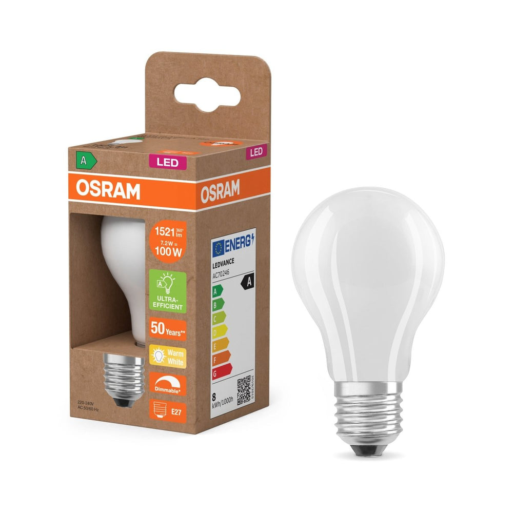 LED žárovka Classic A 100 Filament DIM, Třída A, 7.2W, Teplá bílá, Matná, E27
