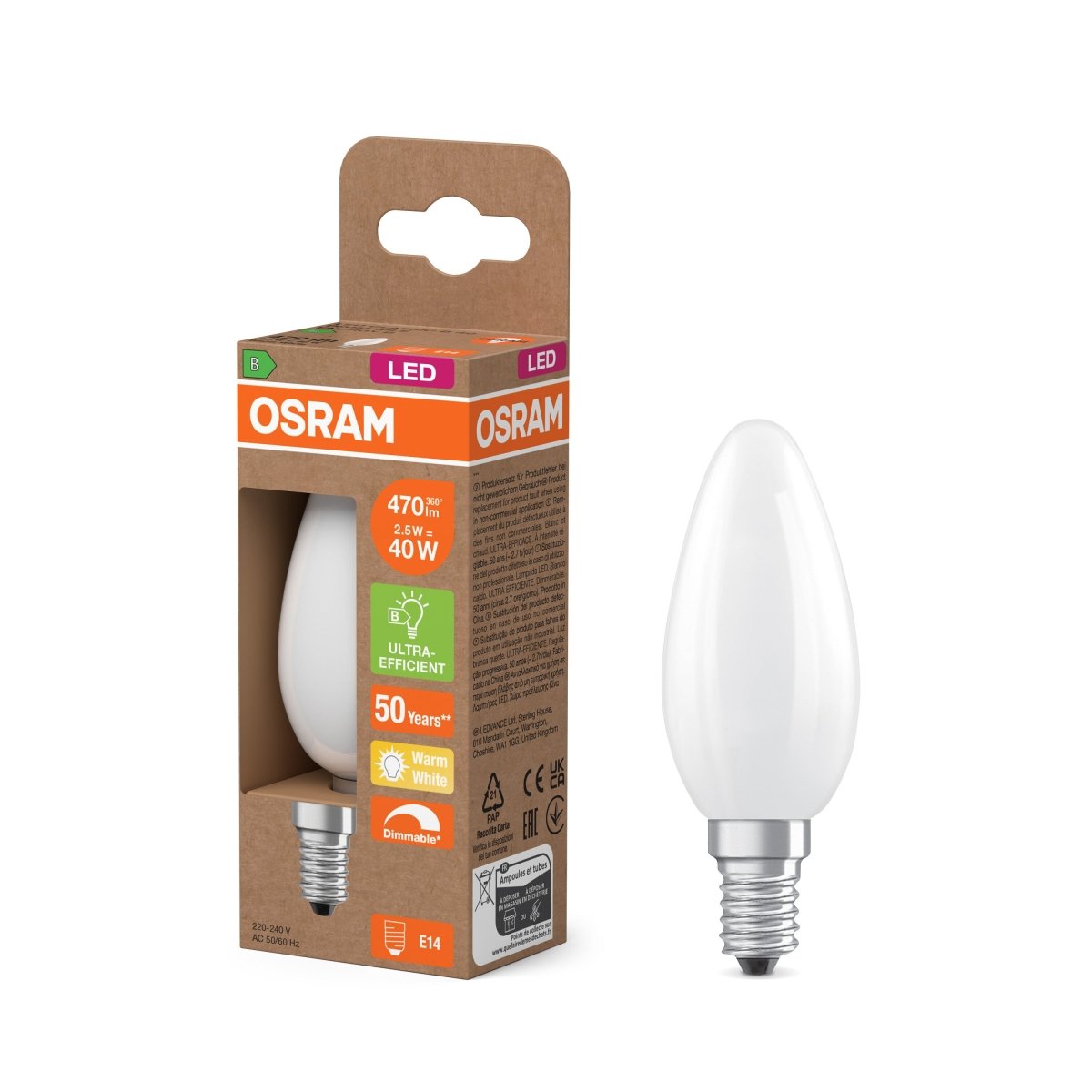 4099854477560 - LED žárovka Classic B 40 DIM, Třída B, 2.5W, Teplá bílá, Matná, E14 - Czechia LEDVANCE e - shop