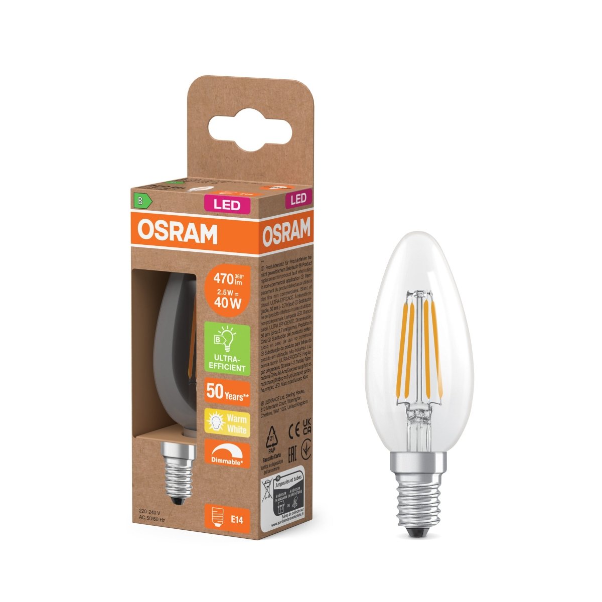 4099854477447 - LED žárovka Classic B 40 Filament DIM, Třída B, 2.5W, Teplá bílá, Čirá, E14 - Czechia LEDVANCE e - shop