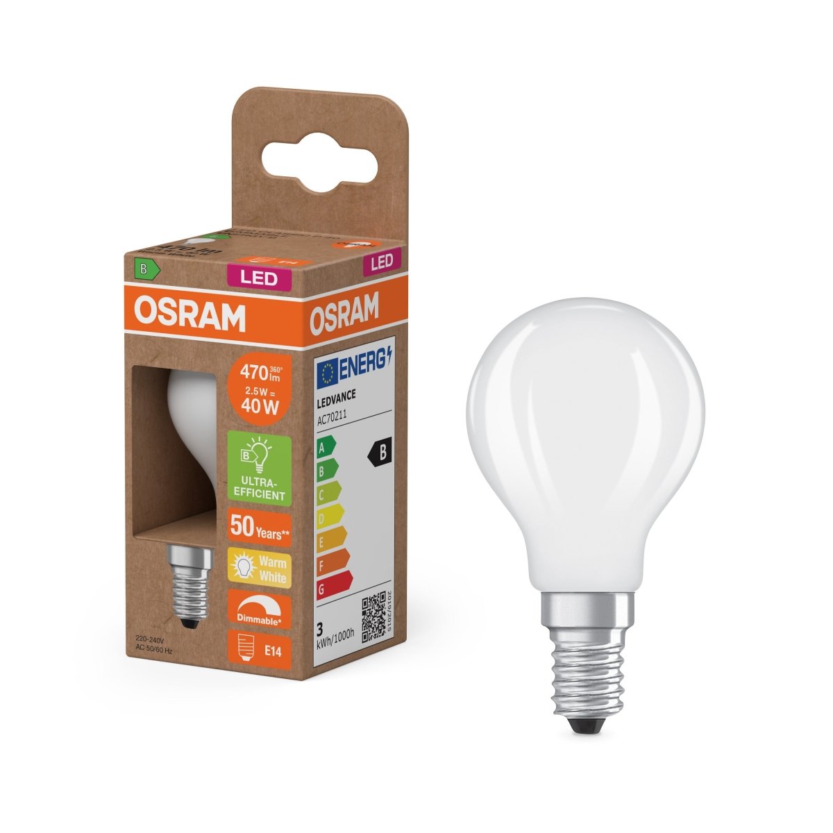 4099854476747 - LED žárovka Classic P 40 DIM, Třída B, 2.5W, Teplá bílá, Matná, E14 - Czechia LEDVANCE e - shop