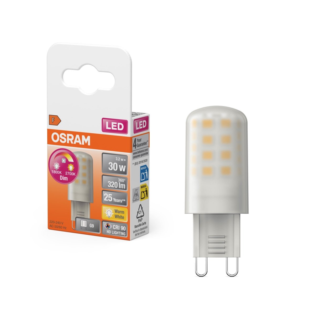 4099854503566 - LED žárovka LED PIN 30 Glow DIM, 3.2W, Teplá bílá, Matná, G9 - Czechia LEDVANCE e - shop