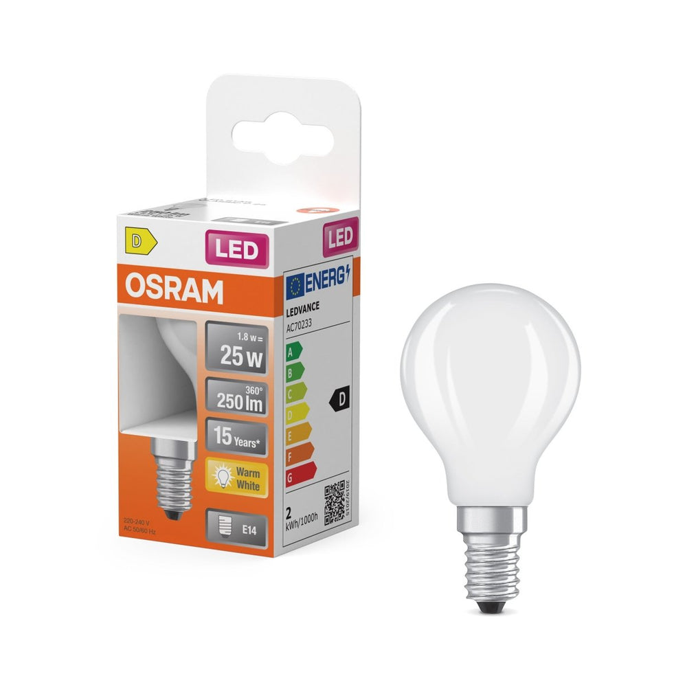Matná LED mini žárovka E14 2,5 W CLASSIC P, teplá bílá OSRAM
