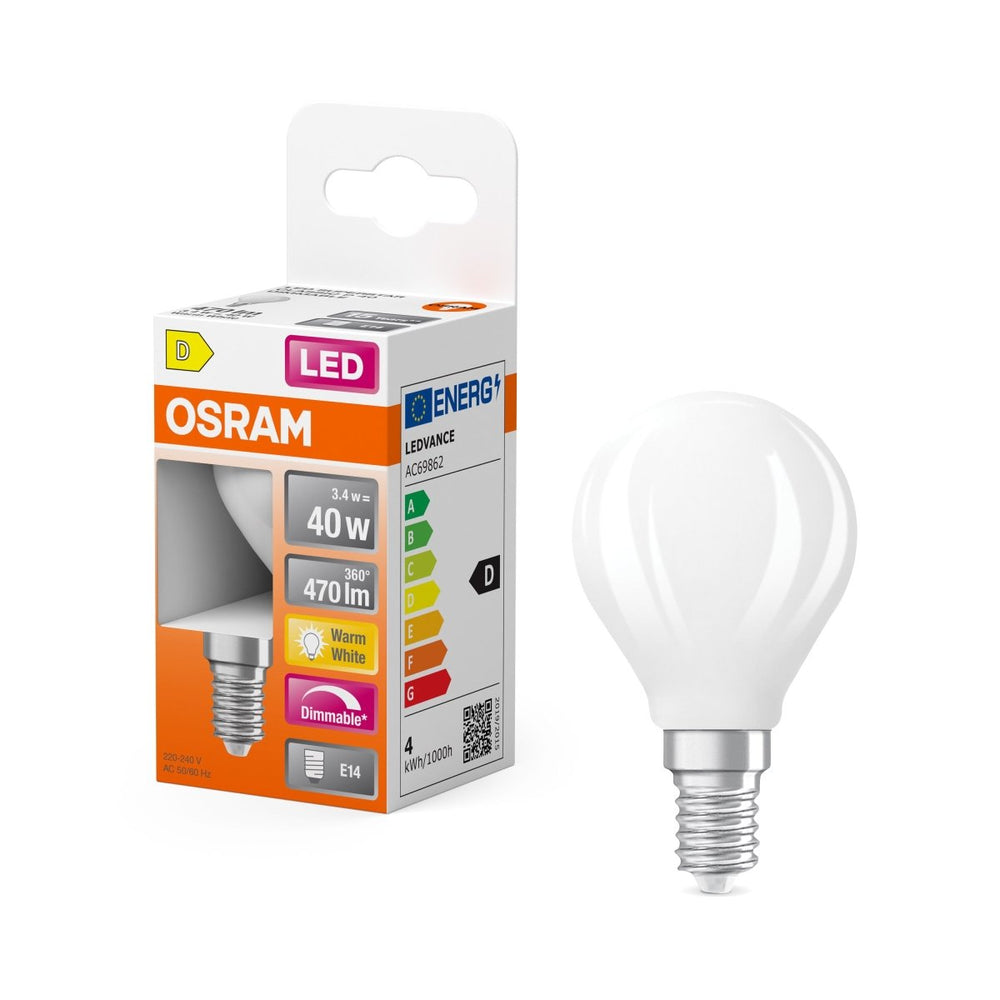 Mini LED matná stmívatelná žárovka E14 4,8 W CLASSIC P, teplá bílá OSRAM