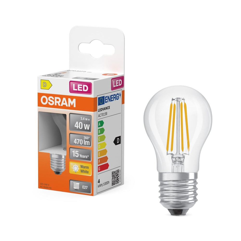 Mini průhledná LED žárovka E27 4 W CLASSIC P, teplá bílá OSRAM