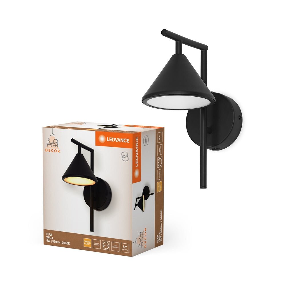 Nástěnné svítidlo černé 5W 330lm FUJI WALL, teplá bílá