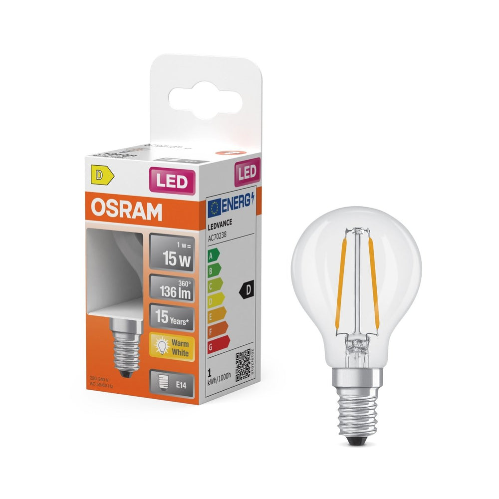 Průhledná LED mini žárovka E14 1,5 W CLASSIC P, teplá bílá OSRAM