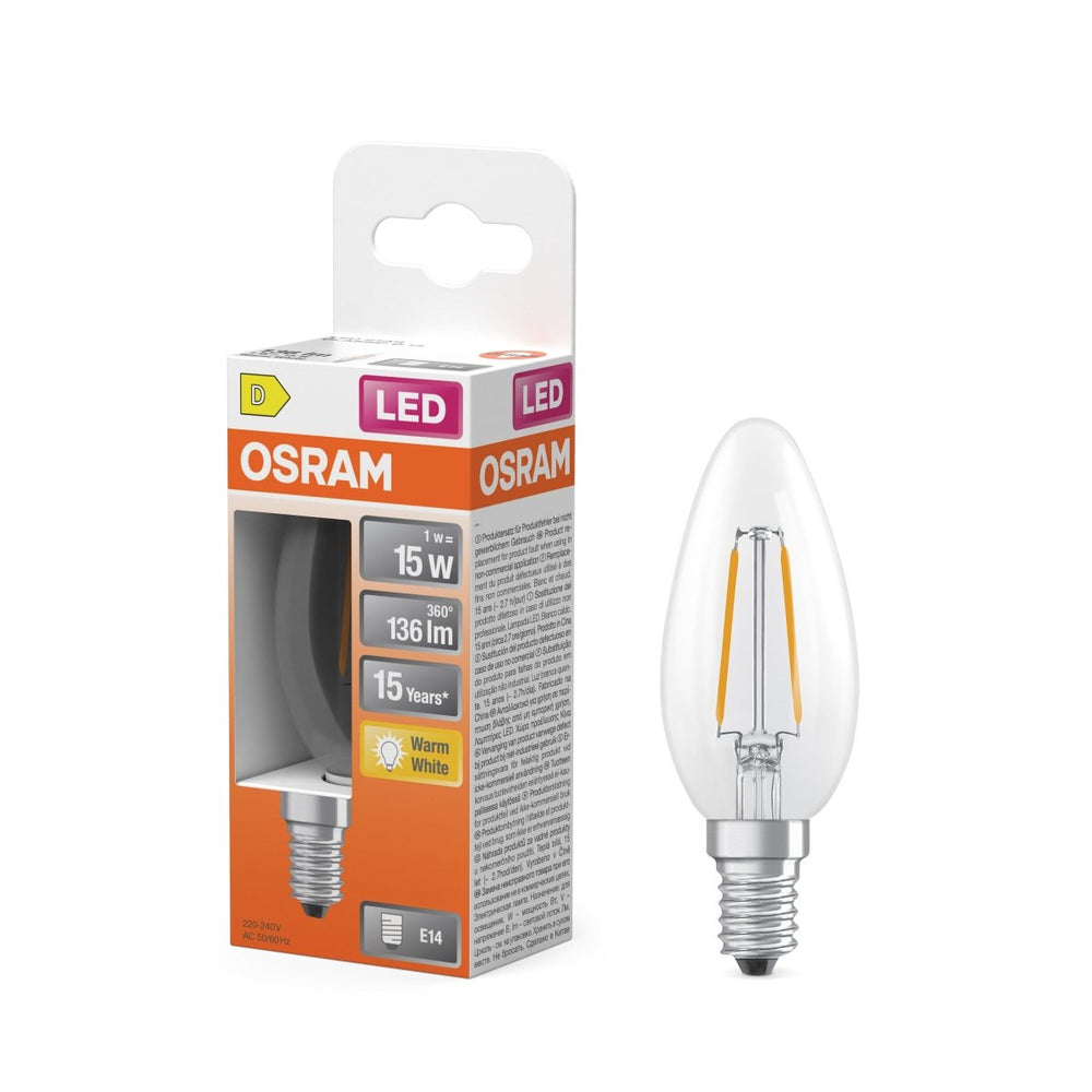Průhledná LED svíčková žárovka E14 1,5 W CLASSIC B, teplá bílá OSRAM