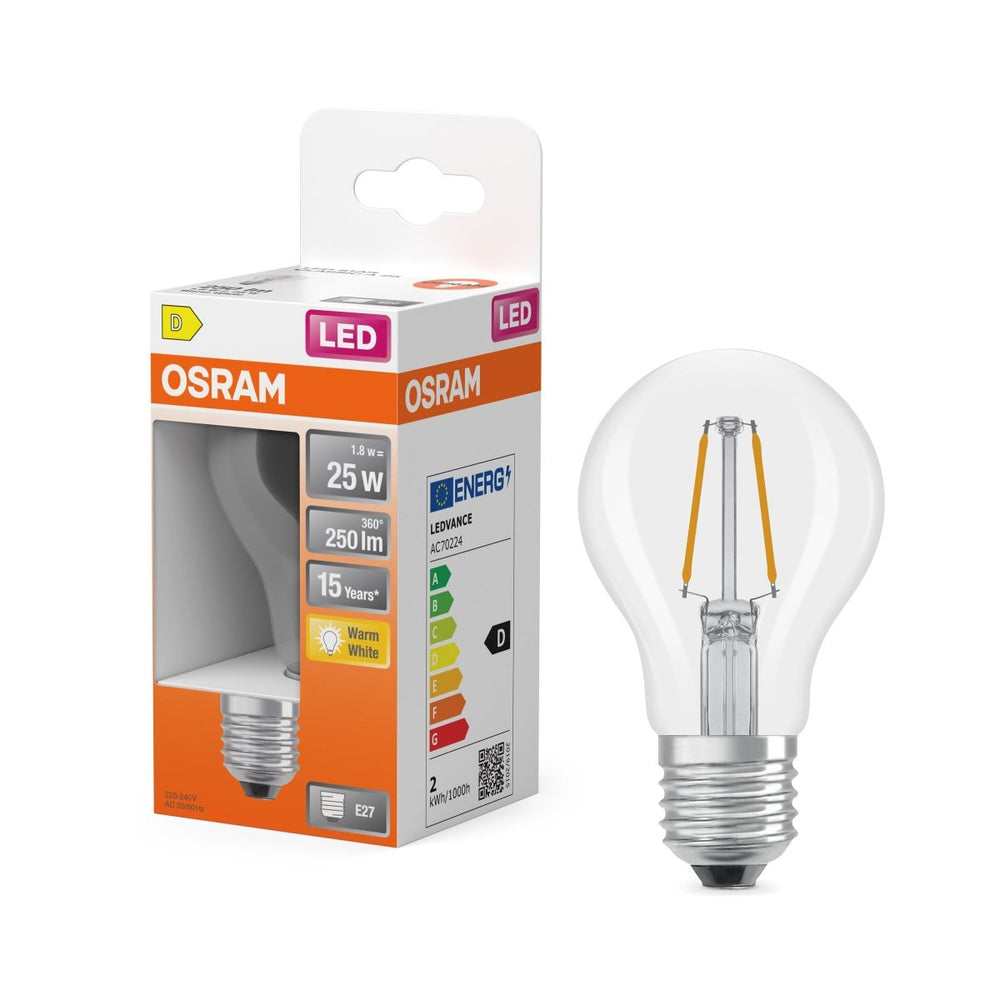 Průhledná LED žárovka E27 2,5 W CLASSIC A, teplá bílá OSRAM