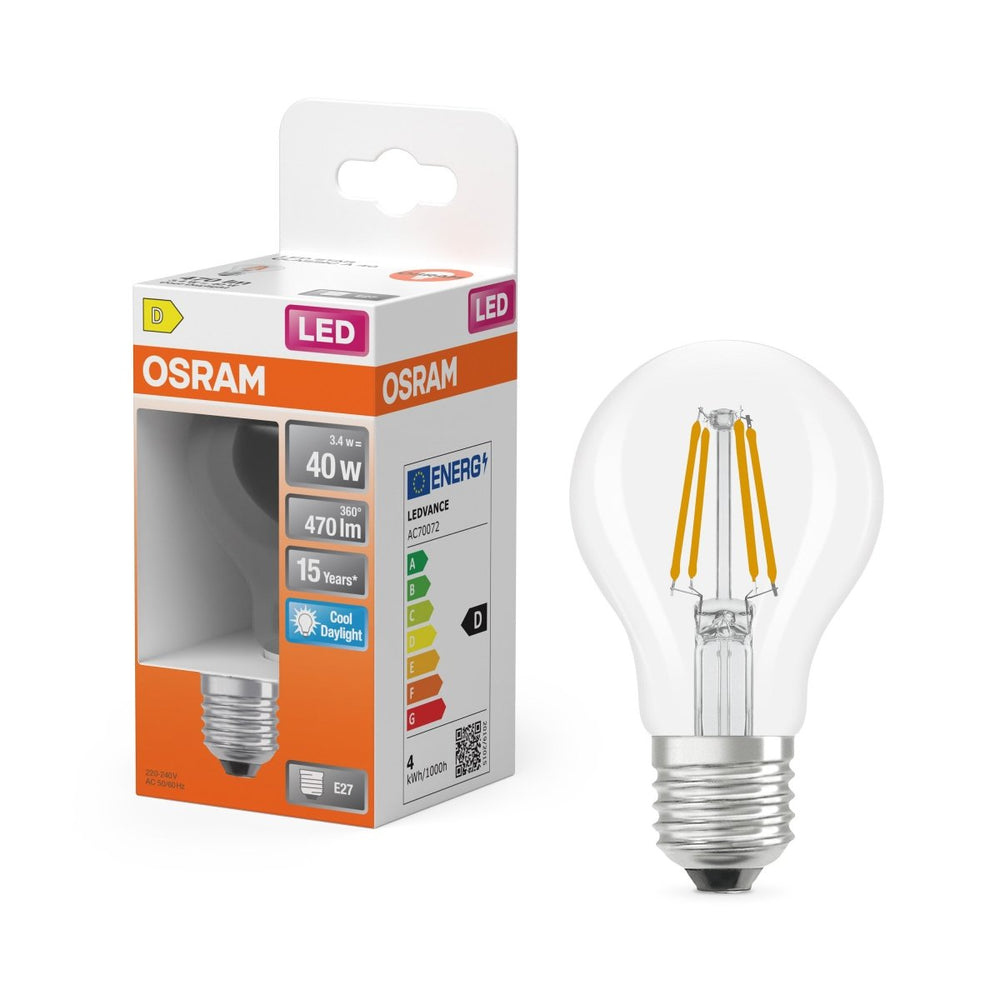 Průhledná LED žárovka E27 4 W CLASSIC A, studená denní bílá OSRAM