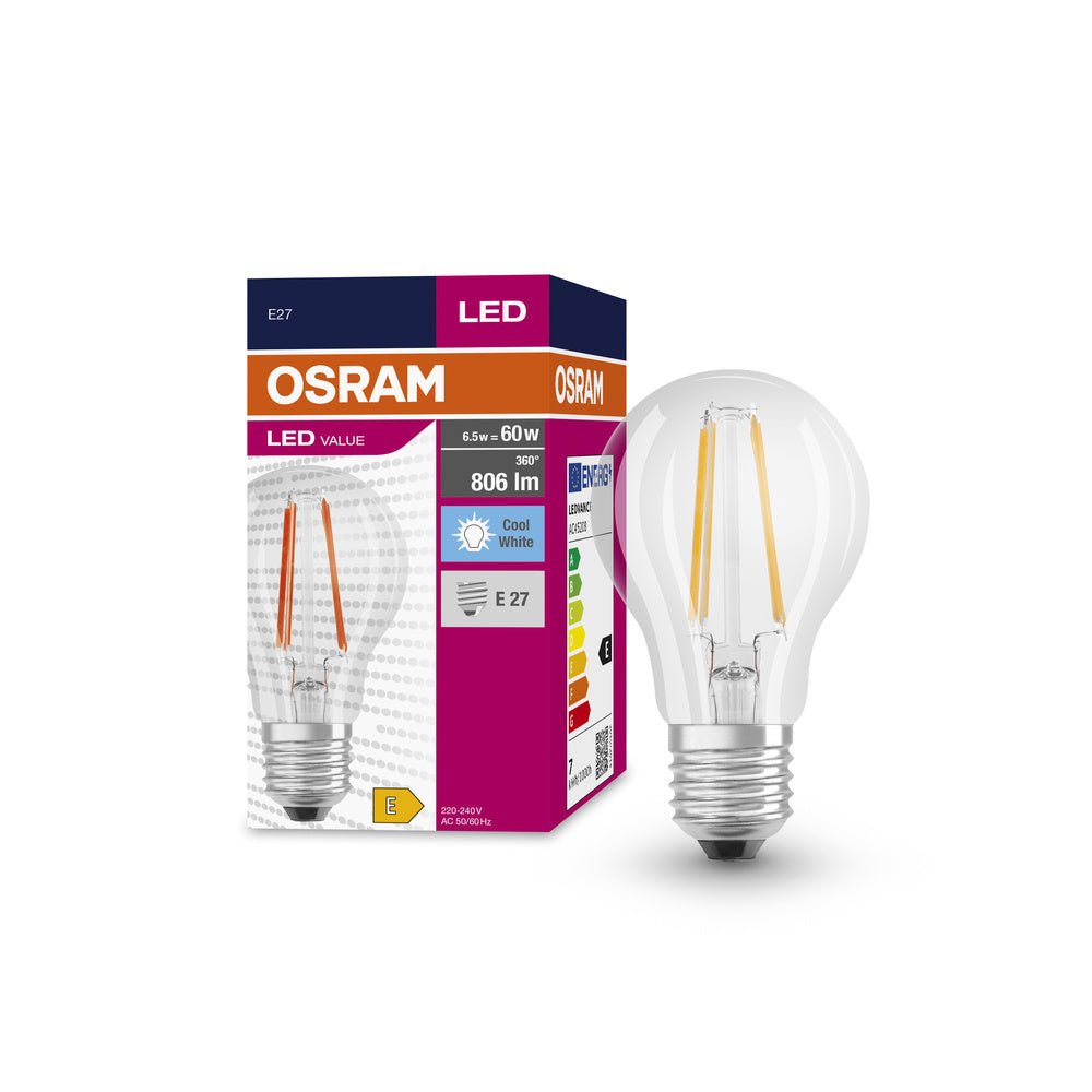 Průhledná LED žárovka E27 6.5 W CLASSIC A, studená bílá