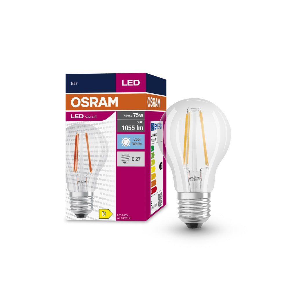 Průhledná LED žárovka E27 7.5 W CLASSIC A, studená bílá