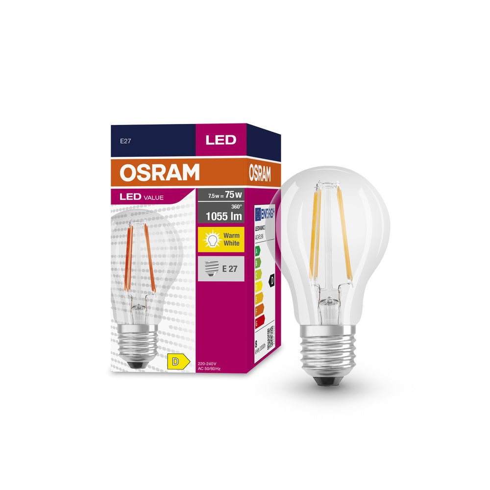 Průhledná LED žárovka E27 7.5 W CLASSIC A, teplá bílá