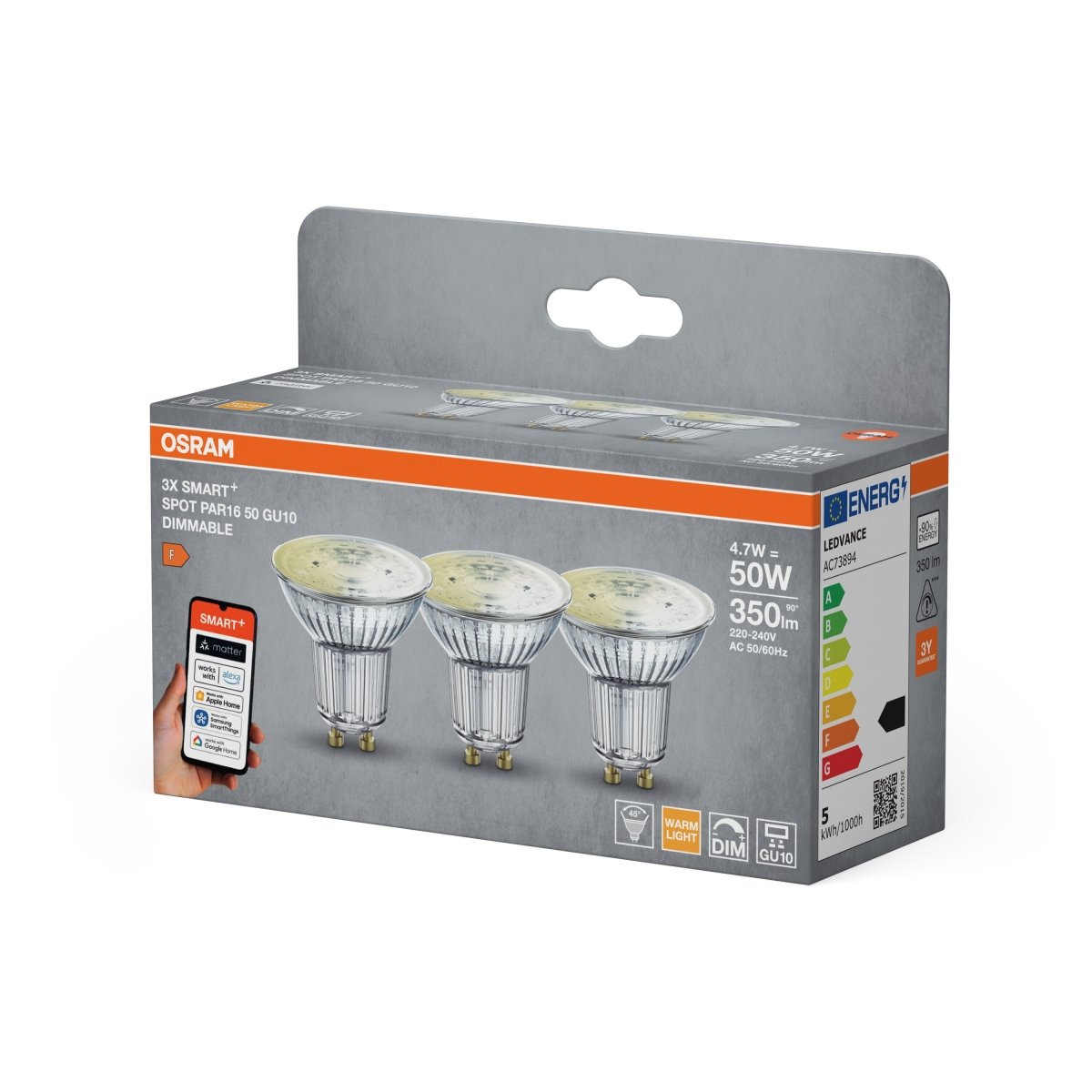 Smart LED reflektor SMART+ MATTER Dimmable PAR16 50, 4.7W, GU10, Tripl